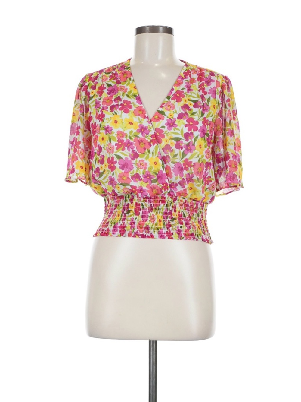 Tamara H Smocked Floral V-Neck Pink & Yellow Womens Blouse Size M